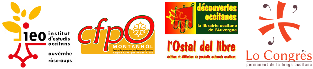 Logos des partenaires : L’Ostal del libre, Le CFPO Montanhòl,  L’Institut d’Etudes Occitanes d’Auvergne-Rhône-Alpes, Le Congrès permanent de la langue occitane